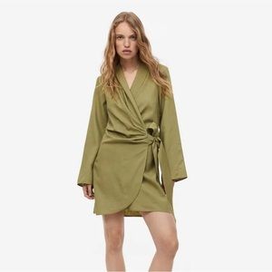 H&M Linen Blend Wrap Dress in Khaki Green, Size Small
